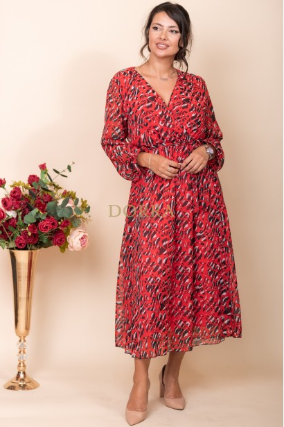 Rochie Margaux din voal rosu, cu maneca lunga si elastic in talie